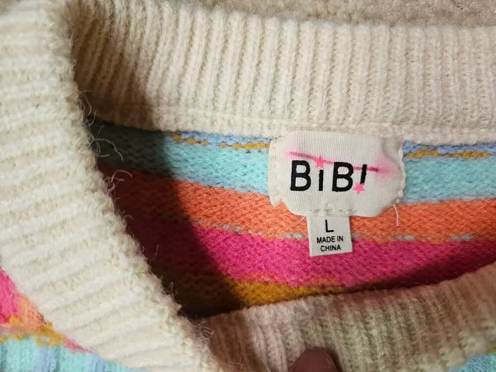 BiBi Abstract Striped Knit Short Sleeve Sweater Size Large